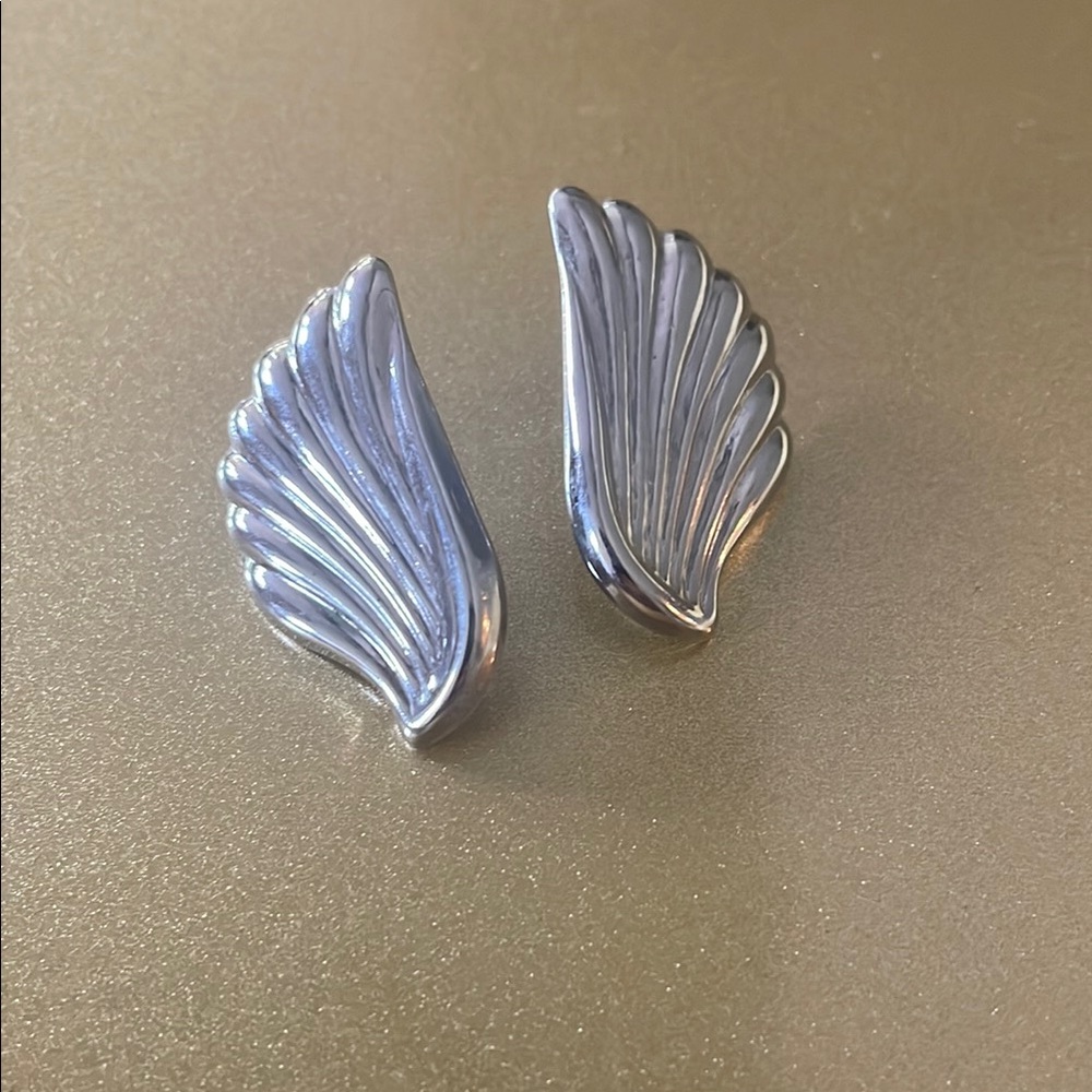 Vintage Silver Tone Wing Shaped Push Back Earrings